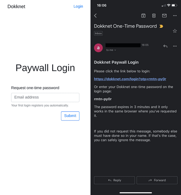 Left side: Dokknet paywall login page. Right side: Dokknet login email.