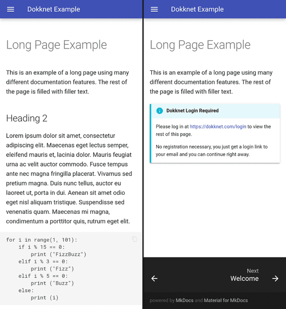Example front-end paywall integration for Mkdocs with the Material theme. Left side: original documentation page. Right side: paywall page generated by the paywall plugin.